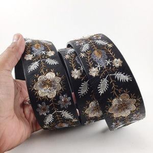 Embroidered Black Leather Bag Strap / Guitar Strap